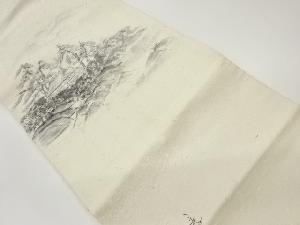 リサイクル　作家物　ひげ紬手描き山並みに民家風景模様名古屋帯